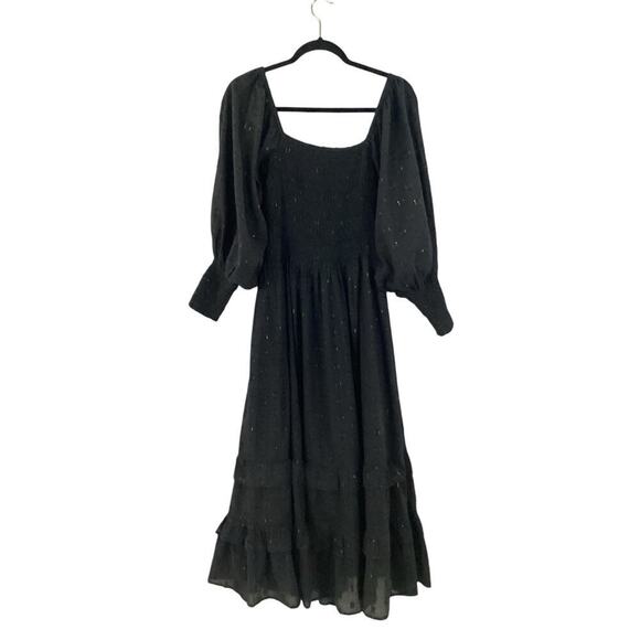 Oliphant Smocked Top Ruffle Tiered Midi Length Dress Midnight Black Gold Small - Picture 5 of 15